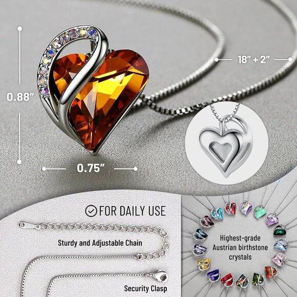Infinity Love Birthstone Heart Pendant Amber Brown Necklace Women Mom Silver - Picture 3 of 9